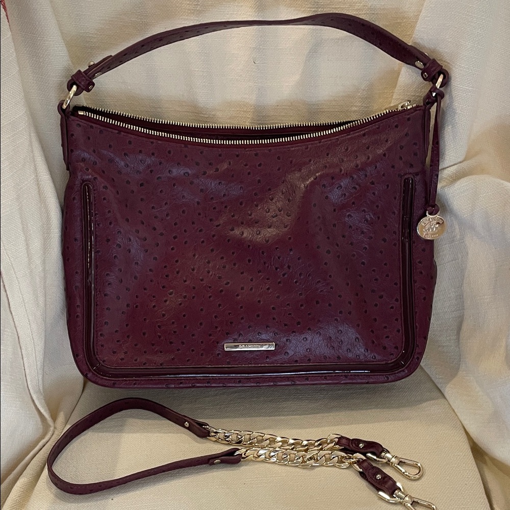 Brahmin BurgandyPebbled Leather Shoulder Bag with Chain Strap